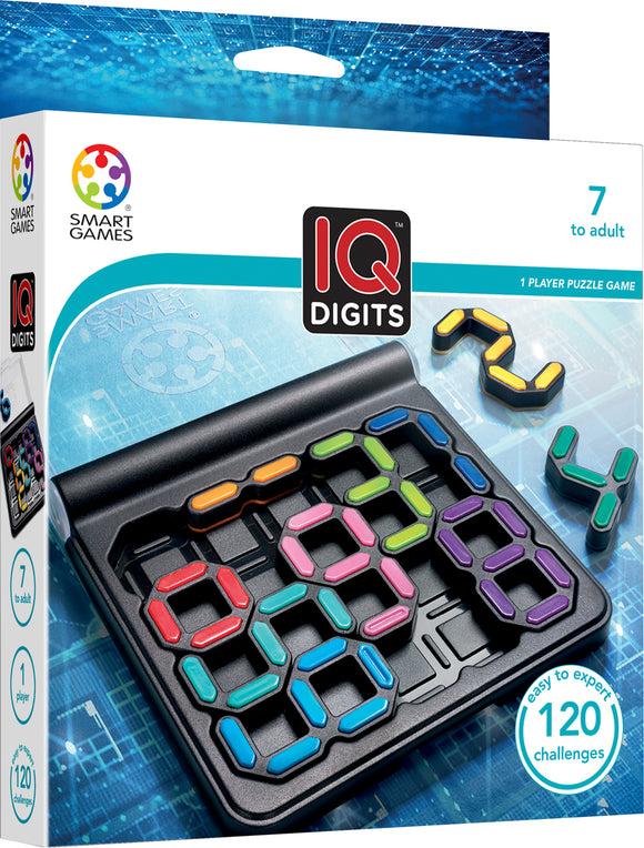 IQ Digits mechanical puzzle by Smart Toys and Games, featuring a sleek design with vibrant colored pieces arranged on a dark base. The packaging highlights the challenge of solving 120 unique puzzles suitable for ages 7 and up.