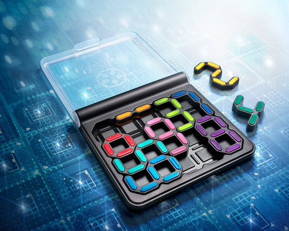 A colorful mechanical puzzle called IQ Digits by Smart Toys and Games. The puzzle features a black tray with various shaped numeric pieces in vibrant colors, including pink, green, purple, and blue. A clear cover is partially open, revealing the contents on a futuristic digital background.