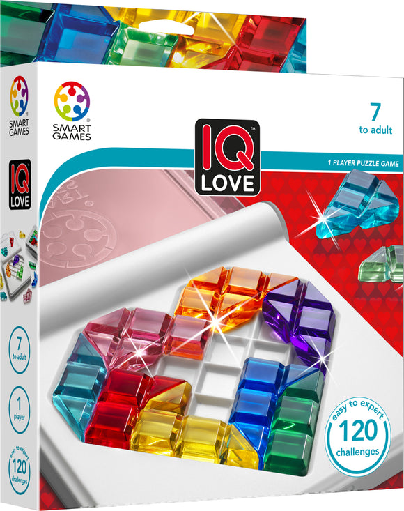 IQ Love by Smart Toys & Games is a colorful mechanical puzzle designed for one player. The packaging features vibrant, jewel-toned puzzle pieces in various shapes, arranged in a heart shape. It's suitable for ages 7 and up, offering 120 challenges ranging from easy to expert levels, encouraging critical thinking and spatial reasoning.