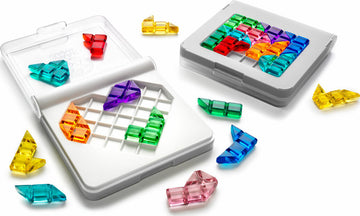 IQ Love by Smart Toys & Games is a colorful mechanical puzzle featuring transparent geometric pieces in various shapes. The puzzle includes a grid board where players can arrange the pieces to fit into specific patterns, stimulating critical thinking and problem-solving skills. The vibrant colors include red, blue, green, yellow, and purple, providing visual appeal while engaging the mind. The compact design makes it easy to store and transport.