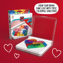 IQ Love by Smart Toys & Games is a colorful mechanical puzzle featuring transparent gem-shaped pieces in vibrant colors. The puzzle is designed for one player, providing 120 unique challenges to enhance problem-solving skills. The packaging showcases the product with a red background and playful heart graphics, inviting users to engage their brains.
