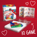 IQ Love mechanical puzzle kit by Smart Toys & Games. The package features colorful, transparent pieces arranged on a white base with a challenge booklet showing various designs. Ideal for one player aged 7 and up. Includes 120 challenges from beginner to expert levels, perfect for developing critical thinking skills.