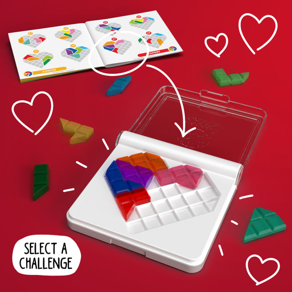 IQ Love by Smart Toys & Games is a mechanical puzzle featuring colorful, transparent pieces arranged in playful patterns on a white base. The image shows an open challenge booklet with a variety of puzzle designs, accompanied by multiple puzzle pieces in vibrant colors like red, blue, green, and purple. The background is a bright red, enhancing the colorful presentation of the puzzle. Instructions invite users to select a challenge, making it an engaging activity for all ages.