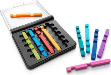 IQ Stixx by Smart Toys & Games, featuring colorful mechanical puzzle pieces including red, blue, green, yellow, and purple shapes. The pieces are displayed on a black base with a clear cover, showcasing their varied designs for an engaging puzzle experience that promotes critical thinking and problem-solving skills.