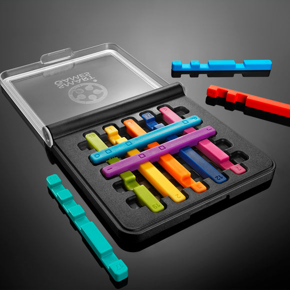 IQ Stixx by Smart Toys & Games, a colorful mechanical puzzle, features various interlocking pieces in vibrant colors like blue, pink, orange, and green. The pieces are arranged neatly in a compact black case, designed for stimulating problem-solving skills and cognitive development.