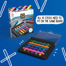 IQ Stixx by Smart Toys & Games is a mechanical puzzle game featuring colorful sticks that must fit onto a game board. The packaging showcases its age range of 7 years and up and highlights 120 challenging puzzles. The game promotes critical thinking and spatial reasoning in a fun and engaging way.