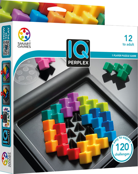 The IQ Perplex from Smart Toys & Games is a unique mechanical puzzle aimed at individuals aged 12 and older. The packaging showcases vivid colored pieces including pink, green, yellow, blue, purple, and orange arranged on a play tray, emphasizing its 120 challenges designed to engage players from beginner to expert levels. The image features clear instructions on how to play on the side.