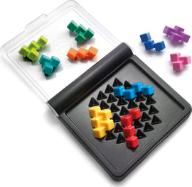 IQ Perplex by Smart Toys & Games is a colorful mechanical puzzle featuring various geometric pieces in different shapes and colors, designed to fit into a black base with triangular slots. The puzzle encourages strategic thinking and problem-solving, making it an engaging cognitive challenge for players.