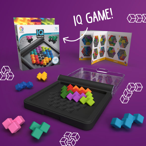 The IQ Perplex mechanical puzzle by Smart Toys & Games features a black play area with colorful geometric pieces arranged in various configurations. The packaging showcases the puzzle elements against a purple background, with an instructional booklet beside it highlighting additional challenges. This interactive game is designed to enhance problem-solving skills.
