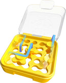 An open yellow mechanical puzzle from Smart Toys & Games, featuring a clear plastic lid and colorful moveable pieces. The design includes holes and pathways for an engaging puzzle experience.