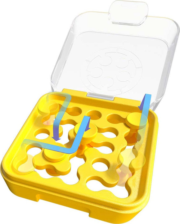 An open yellow mechanical puzzle from Smart Toys & Games, featuring a clear plastic lid and colorful moveable pieces. The design includes holes and pathways for an engaging puzzle experience.