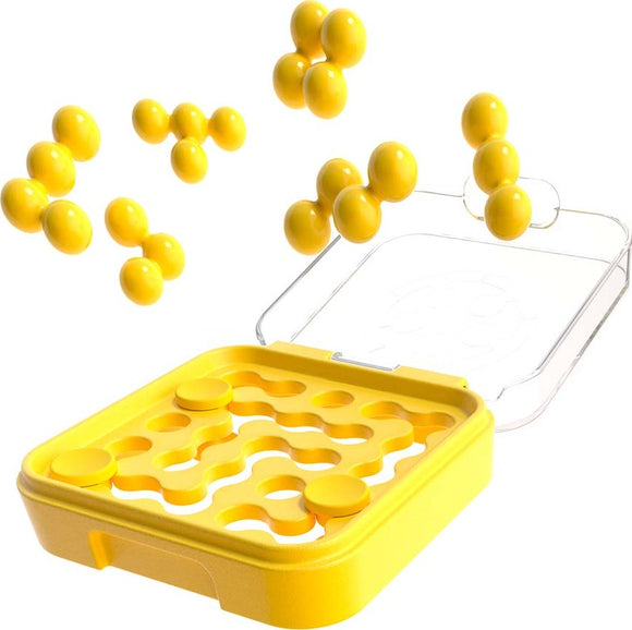 IQ Mini Assorted by Smart Toys & Games featuring a bright yellow mechanical puzzle. The puzzle includes several yellow balls and a base with various holes for placing the balls, designed to enhance problem-solving skills and spatial reasoning.