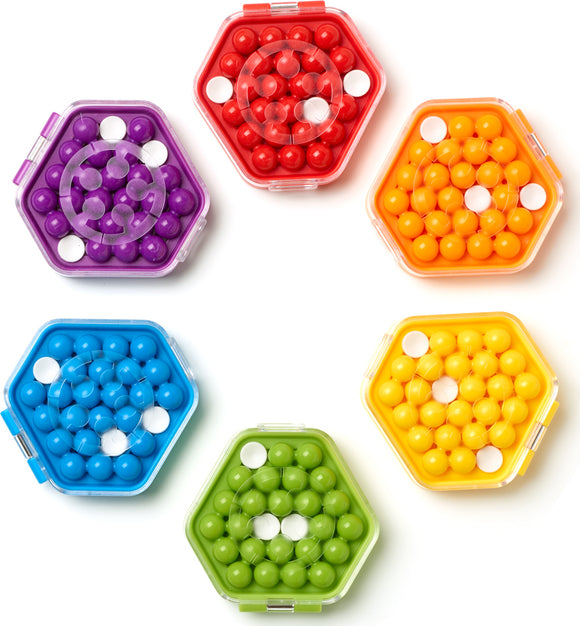 IQ Mini Hexpert by Smart Toys & Games - a vibrant mechanical puzzle set featuring six colorful hexagonal cases, each filled with various colored balls. The puzzle encourages critical thinking and problem-solving skills. Ideal for all ages, it combines fun and education in an engaging format.