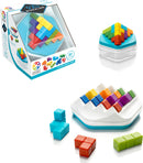 Zig Zag Puzzler by Smart Toys and Games, a mechanical puzzle set featuring colorful geometric blocks. The clear packaging shows the puzzle layout with 80 challenge cards, suitable for solo play. The blocks in vibrant colors are arranged in a pyramid shape on a base, with additional blocks placed around for building. Ideal for enhancing problem-solving skills and spatial reasoning.