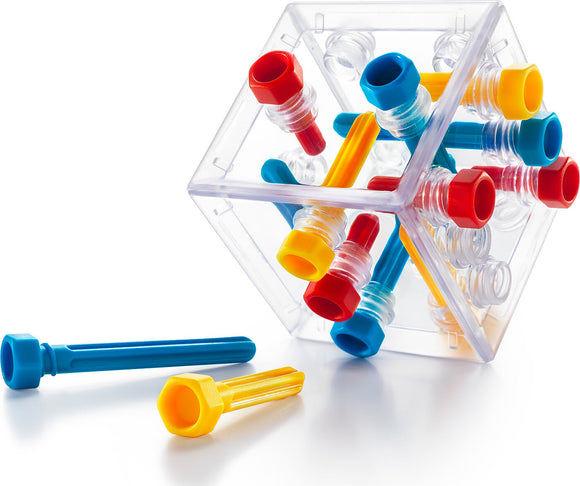 The Criss Cross Cube is a transparent mechanical puzzle featuring colorful plastic pegs in red, blue, and yellow. The cube is designed to challenge your spatial reasoning as you maneuver the pieces into the correct positions, creating an engaging and interactive experience for puzzlers of all ages. The sides of the cube showcase various configurations of the pegs, inviting problem solvers to explore multiple ways to solve the puzzle.