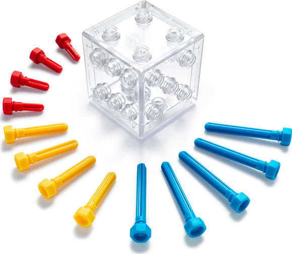 The Criss Cross Cube is a transparent mechanical puzzle featuring a clear cube with multiple holes. Surrounding it are colorful pieces in red, yellow, and blue, designed for assembly. The puzzle challenges users to fit the pieces into the cube in specific configurations, enhancing problem-solving skills and spatial reasoning.