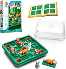 Jump In by SmartGames is a mechanical puzzle game featuring a colorful forest-themed board. It includes plastic animals, such as rabbits and a fox, and vibrant mushroom pieces. The game challenges players to help the rabbits jump and hide while navigating through 60 unique challenges featured in the accompanying booklet. The game is designed for 1 player and is suitable for ages 7 and up.