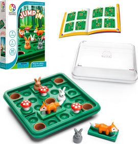 Jump In by SmartGames is a mechanical puzzle game featuring a colorful forest-themed board. It includes plastic animals, such as rabbits and a fox, and vibrant mushroom pieces. The game challenges players to help the rabbits jump and hide while navigating through 60 unique challenges featured in the accompanying booklet. The game is designed for 1 player and is suitable for ages 7 and up.