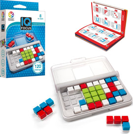 The IQ Focus game by SmartGames, featuring a compact design with a clear lid that holds colorful blocks in red, blue, green, and white. The game includes a challenge booklet with 120 puzzles ranging from easy to expert levels. The packaging showcases the product and illustrates its target age group (8 to adult) along with the one-player gameplay.