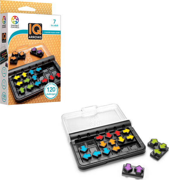 IQ Arrows by Smart Toys and Games features a compact black game board with colorful arrow-shaped tiles in various orientations. The game is designed for 1 player, suitable for ages 7 and up, and includes 120 unique challenges to enhance problem-solving skills. The packaging showcases the game and highlights its educational value, encouraging strategic thinking while providing hours of fun.