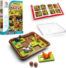 Squirrels Go Nuts is a mechanical puzzle game featuring colorful squirrel pieces and acorns on a puzzle board. The game includes a challenge booklet with various levels of difficulty from beginner to expert, suitable for 1 player. The packaging highlights the gameplay mechanics and offers fun, strategic challenges that engage players in a lively, woodland-themed setting.