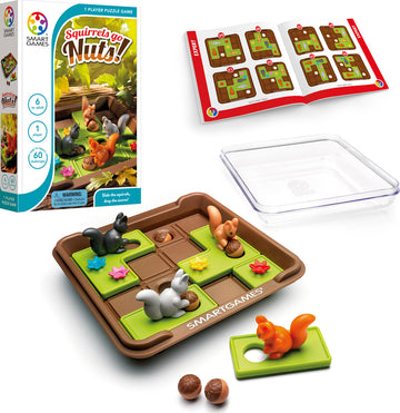 Squirrels Go Nuts is a mechanical puzzle game featuring colorful squirrel pieces and acorns on a puzzle board. The game includes a challenge booklet with various levels of difficulty from beginner to expert, suitable for 1 player. The packaging highlights the gameplay mechanics and offers fun, strategic challenges that engage players in a lively, woodland-themed setting.