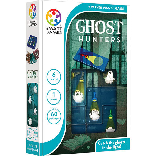 Ghost Hunters by SmartGames is a mechanical puzzle game designed for 1 player. The box features whimsical graphics of ghosts and a flashlight, highlighting the puzzle's objective to catch ghosts in light. It's suitable for ages 6 and up, with 60 challenging puzzles included, perfect for enhancing problem-solving skills and providing hours of fun.