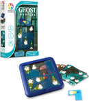 Ghost Hunters by SmartGames is a mechanical puzzle game for one player, featuring a vibrant, portable case. The gameplay involves capturing ghosts using a flashlight and includes 60 engaging challenges with various puzzle layouts. The colorful pieces are designed to ensure an interactive and fun experience, suitable for ages 6 and up. The game packaging showcases the spooky theme with images of the game components and instructions.