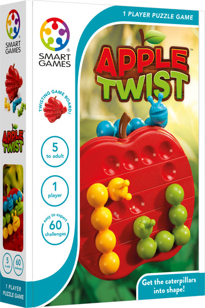 Apple Twist mechanical puzzle by Smart Toys & Games features a vibrant red apple-shaped board with colorful caterpillar pieces. Designed for 1 player, the game presents 60 challenges that range from easy to expert, aiming to fit the caterpillars into specific shapes. Ideal for ages 5 and up, it combines fun and cognitive skill development.