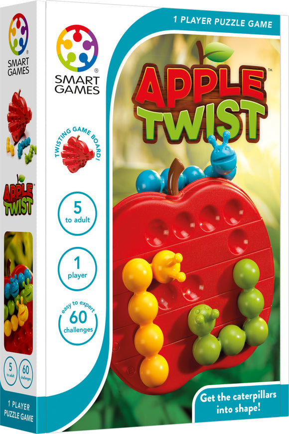 Apple Twist mechanical puzzle by Smart Toys & Games features a vibrant red apple-shaped board with colorful caterpillar pieces. Designed for 1 player, the game presents 60 challenges that range from easy to expert, aiming to fit the caterpillars into specific shapes. Ideal for ages 5 and up, it combines fun and cognitive skill development.