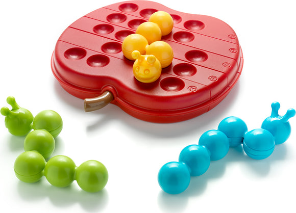 The Apple Twist by Smart Toys & Games is a vibrant mechanical puzzle designed for engaging play. It features a red apple-shaped base with holes for colorful, soft plastic caterpillar pieces. Players can arrange the green and blue caterpillars while navigating the yellow piece in the center, enhancing spatial awareness and problem-solving skills.