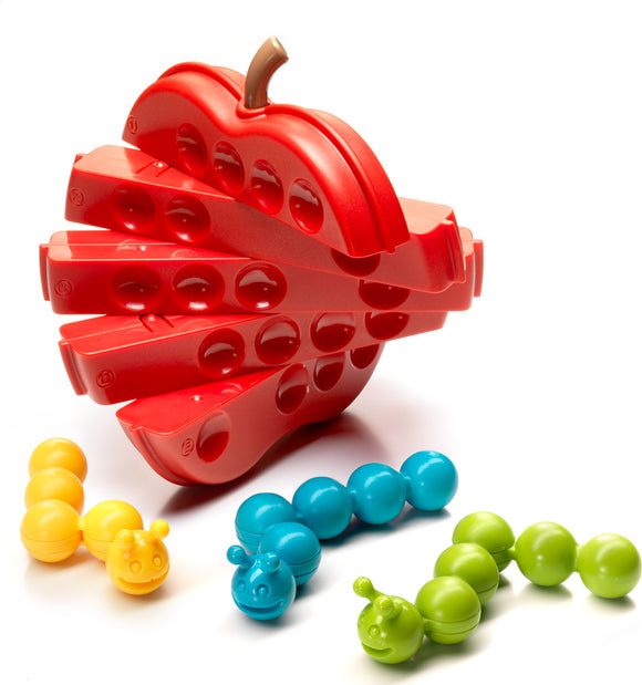 The Apple Twist by Smart Toys & Games is a vibrant red mechanical puzzle shaped like an apple. It features multiple sections that twist open to reveal colorful, detachable segments resembling worms in shades of yellow, blue, and green, each with adorable face designs. This engaging puzzle promotes fine motor skills and problem-solving.