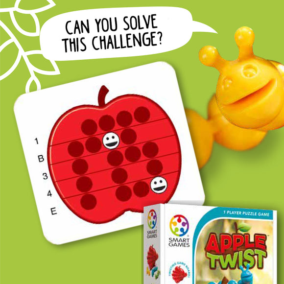 Apple Twist is a mechanical puzzle game by Smart Toys & Games featuring a vibrant apple card with dots and faces for solving challenges. The box displays colorful branding and indicates it's a one-player game, promising an engaging and fun experience for puzzle enthusiasts.