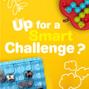 Apple Twist mechanical puzzle by Smart Toys & Games, featuring colorful, interlocking pieces displayed on a vibrant yellow background. The image showcases various puzzle pieces including red and blue components, with playful text inviting users to take on a smart challenge.