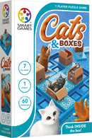 Cats & Boxes is a mechanical puzzle game by Smart Toys & Games, featuring colorful illustrations of playful cats interacting with cardboard boxes on a blue patterned board. Ideal for ages 7 and up, the game includes 60 challenges for solo players, encouraging logical thinking and problem-solving skills.
