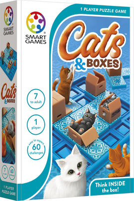 Cats & Boxes is a mechanical puzzle game by Smart Toys & Games, featuring colorful illustrations of playful cats interacting with cardboard boxes on a blue patterned board. Ideal for ages 7 and up, the game includes 60 challenges for solo players, encouraging logical thinking and problem-solving skills.