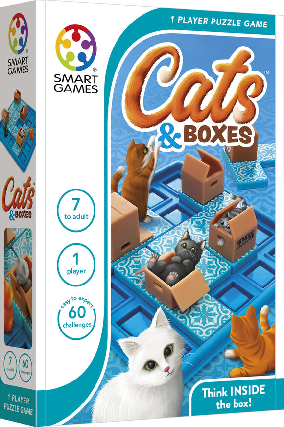 Cats & Boxes is a mechanical puzzle game by Smart Toys & Games, featuring colorful illustrations of playful cats interacting with cardboard boxes on a blue patterned board. Ideal for ages 7 and up, the game includes 60 challenges for solo players, encouraging logical thinking and problem-solving skills.