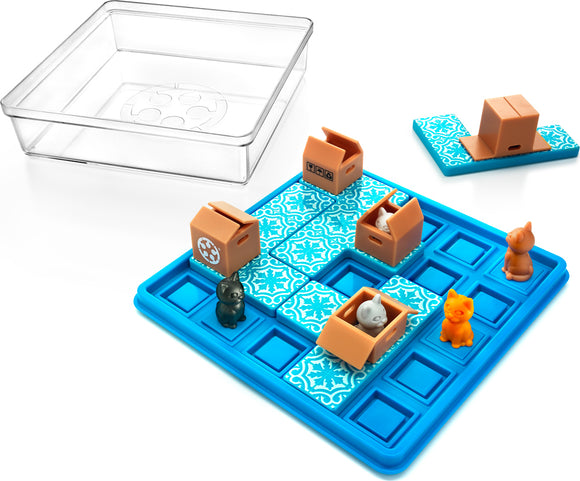 A colorful mechanical puzzle set titled 'Cats & Boxes' by Smart Toys & Games. It features a blue base with intricate patterned tiles and various boxes. The puzzle includes several small cat figurines, some sitting beside boxes and others hidden inside. Also visible is a transparent storage container for easy organization.