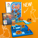Cats & Boxes, a mechanical puzzle game by Smart Toys & Games, features colorful plastic cat figurines, boxes, and a vibrant blue base. The game emphasizes strategic thinking as players guide the cats into the appropriate boxes, with a user-friendly challenge level matrix displayed on the game's packaging. The bright orange background adds vibrancy to the presentation.