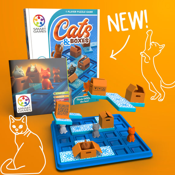 Cats & Boxes, a mechanical puzzle game by Smart Toys & Games, features colorful plastic cat figurines, boxes, and a vibrant blue base. The game emphasizes strategic thinking as players guide the cats into the appropriate boxes, with a user-friendly challenge level matrix displayed on the game's packaging. The bright orange background adds vibrancy to the presentation.
