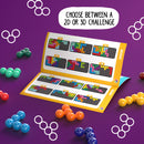 The IQ Puzzler Pro by SmartGames features a vibrant purple background with several colorful spheres scattered around. An open booklet displays various 2D and 3D challenge layouts in bright colors, showcasing the engaging puzzle-solving activities available. Perfect for enhancing logical thinking and spatial skills.
