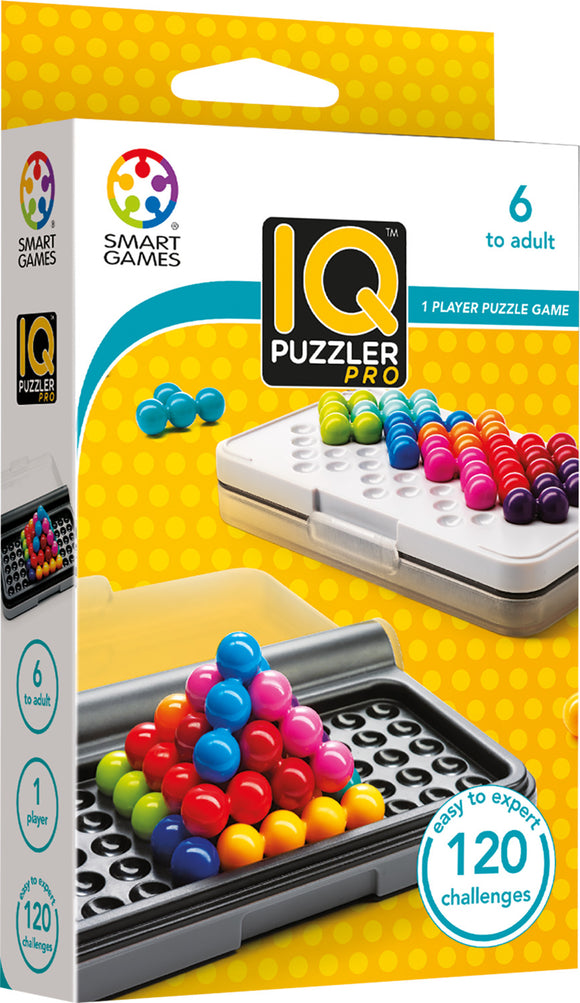 The IQ Puzzler Pro by SmartGames features a 1-player mechanical puzzle with colorful balls arranged in a pyramid on a black grid. The packaging emphasizes that it includes 120 challenges, suitable for ages 6 to adult. The design is vibrant with a playful yellow background and a clear view of the puzzle components.