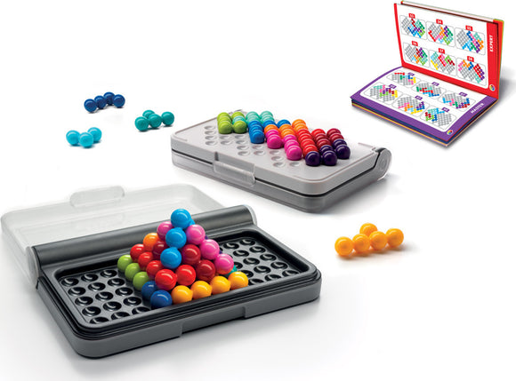 The IQ Puzzler Pro by SmartGames is a mechanical puzzle featuring colorful balls in various sizes arranged in a triangular formation. Three different puzzle configurations are displayed, with vibrant blue, green, pink, and yellow balls scattered around. The product includes a compact case for storage and a booklet with challenge cards for various skill levels.