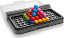 The IQ Puzzler Pro by SmartGames, a mechanical puzzle featuring a colorful arrangement of spherical pieces in a pyramid shape. The pieces are held in a sleek black base with a transparent lid, showcasing a vibrant mix of red, blue, yellow, green, pink, and orange balls designed for engaging and thoughtful play.
