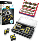 IQ Circuit by Smart Toys & Games is a mechanical puzzle designed for one player. It features a compact black base with detachable pieces in contrasting colors, designed to create circuits. The packaging showcases the product alongside an instruction booklet containing 120 challenges of varying difficulty levels, making it an engaging activity suitable for ages 8 and up.
