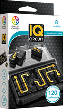 The IQ Circuit by Smart Toys & Games is a mechanical puzzle designed for ages 8 and up. The packaging features a transparent cover displaying a variety of interlocking black pieces with golden connectors, showcasing the game’s 120 challenges, suitable for single players.