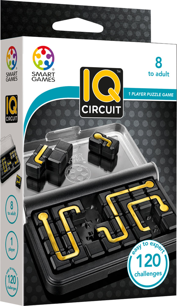The IQ Circuit by Smart Toys & Games is a mechanical puzzle designed for ages 8 and up. The packaging features a transparent cover displaying a variety of interlocking black pieces with golden connectors, showcasing the game’s 120 challenges, suitable for single players.