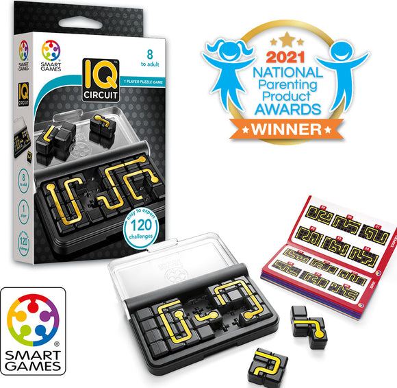 IQ Circuit by Smart Toys & Games is a mechanical puzzle designed for ages 8 and up. The packaging showcases a clear case containing interlocking pieces and a challenge booklet with 120 puzzles ranging from easy to expert. It’s a fun solo activity that enhances problem-solving skills.