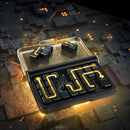 IQ Circuit by Smart Toys & Games, a mechanical puzzle featuring a sleek black base and yellow interlocking pieces that challenge the mind. The pieces are designed to fit together in various configurations, stimulating cognitive skills and problem-solving. The puzzle comes in a transparent case with a distinct logo, set against a backdrop of intricate electronic circuits.