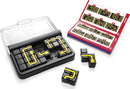 The IQ Circuit game by Smart Toys & Games features a transparent lid case containing several black and yellow mechanical puzzle pieces. The pieces can be arranged on a base to create different circuits, with a colorful booklet displaying various challenge levels from beginner to expert, illustrating the puzzle combinations to be completed.
